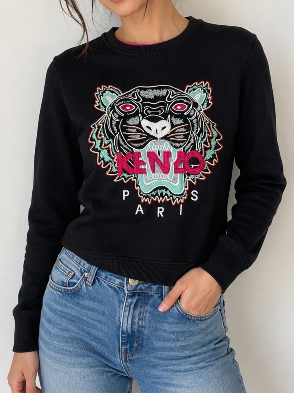 KENZO Paris Tiger Embroidered Black Crewneck Sweatshirt Small